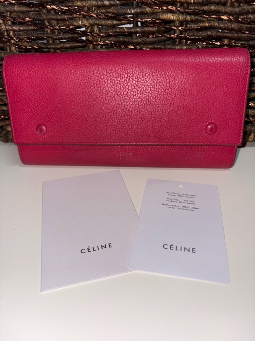 Celine Hot Pink Pebbled Leather Flap Wallet Long Wallet